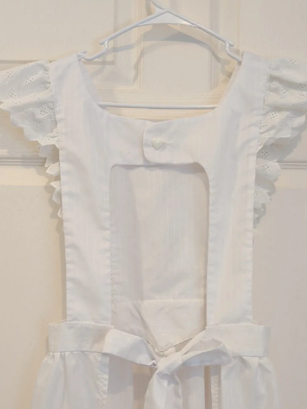 Hand Made White Eyelet Ruffle Apron with Waist Tie and Heart Button